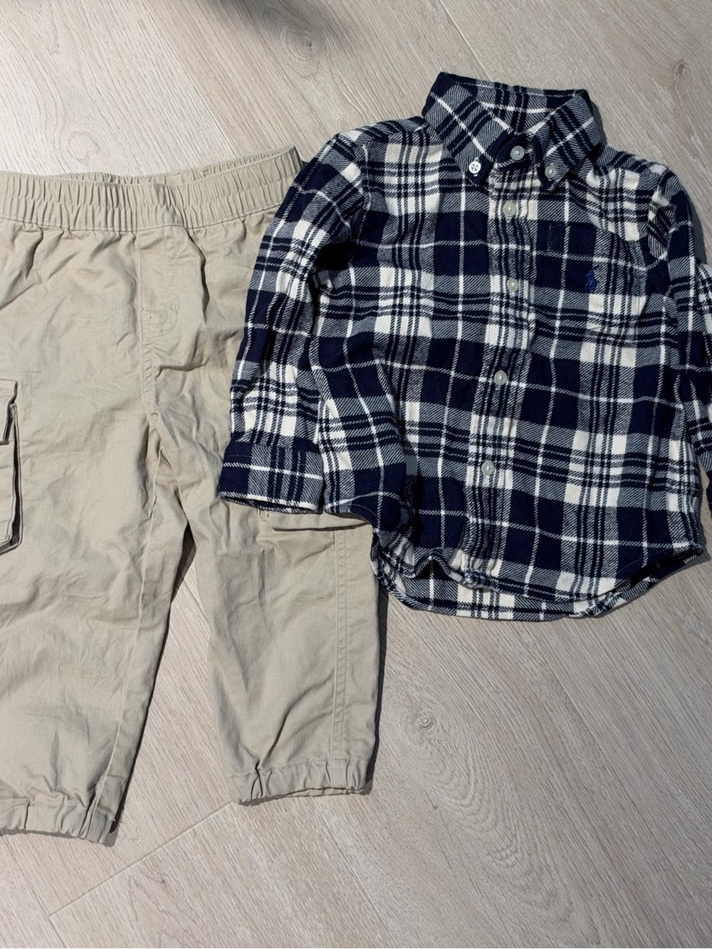 Ralph Lauren Navy & White Plaid Shirt with Tan Cargo Pants Set 12-18